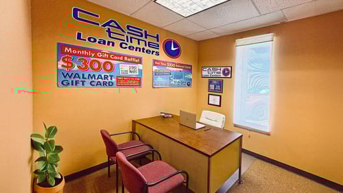Interior of Cash Time Sierra Vista loan center offering title loan buyouts, registration loans, and personal loans with same day cash and fifteen minute approvals
