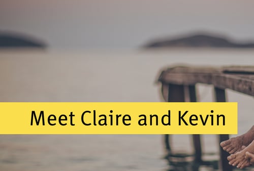 A couple sits on a wooden pier, wrapped in a blanket, holding hands and overlooking a tranquil lake at dusk. Text reads "Meet Claire and Kevin."