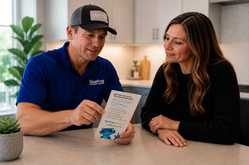 bluefrog owner talking with homeowner at kitchen table about the membership program