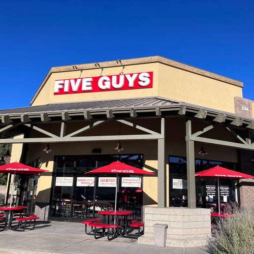 Exterior image of the entrance to the Five Guys restaurant at 254 Lee Boulevard in Prescott Arizona.