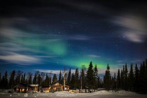 Illuminated cabins in snowy forest under northern lights aurora borealis at night."