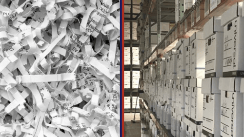 A split image of shredded paper and a view down the aisle of a records center with boxes neatly stacked on shelves