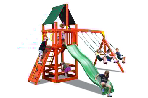 Classic Fort - Incredible play value and affordability best describe this well-built all-natural cedar swing set. So much activity in this well-thought-out playset includes an entry ladder, rock wall, “built-in” picnic table, 3 position swing beam, and a 10’ double wall wave slide!  All these features in a compact design allow flexibility in small areas.