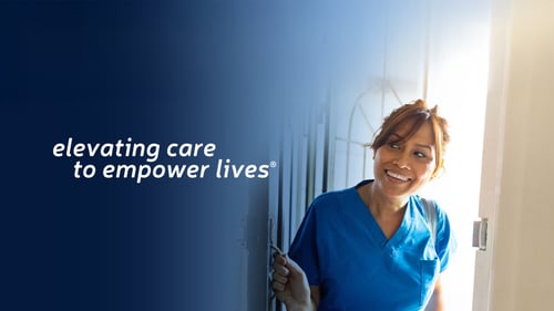 Nurse opening home door with Maxim Healthcare tagline "elevating care to empower lives"