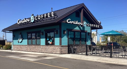 Storefront of the Caribou Coffee at 2215 E 2nd Street in Superior
