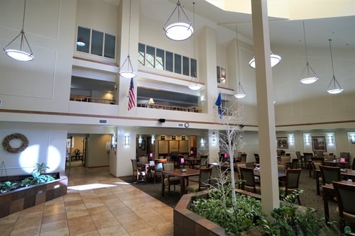 the dining hall and stage in Moraine Ridge Senior Living in Green Bay, WI