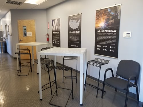 Chairs and tables made with perforated metal at McNICHOLS' Cerritos location