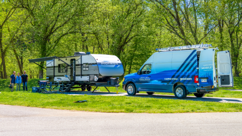 camping world mobile vehicle is parked at a campsite assisting an RV