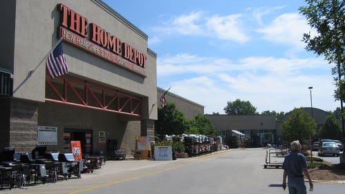 Grills lining the outdoor entrance of The Home Depot