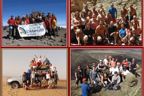 Collage of four charitable expedition photos: team at Kilimanjaro summit with L'Alternatif de l'Estrie banner, participants at Grand Canyon, group with 4x4 vehicle in Sahara Desert, and safari team in Rwanda