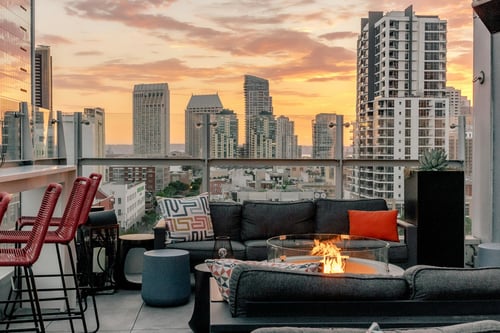 Sunset view from the rooftop firepits at Borrego Rooftop Kitchen.