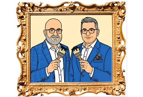 Cartoon photo of Sean & Raffi holding paint brushes