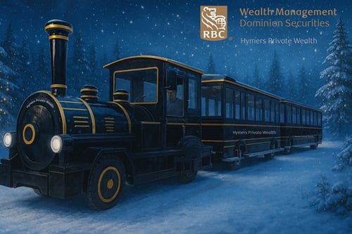 An animated train rolling through a wintry forest.