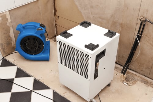 Professional water damage restoration equipment including a blue air mover and a large white dehumidifier drying out a room with exposed wall studs.