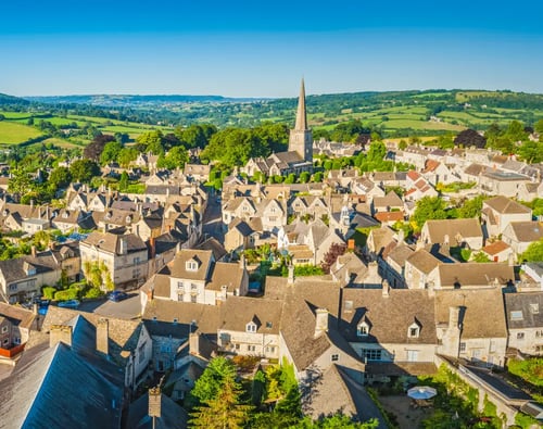 Knight Frank Cirencester Estate Agents - Aerial panorama over idyllic country village cottages green summer fields