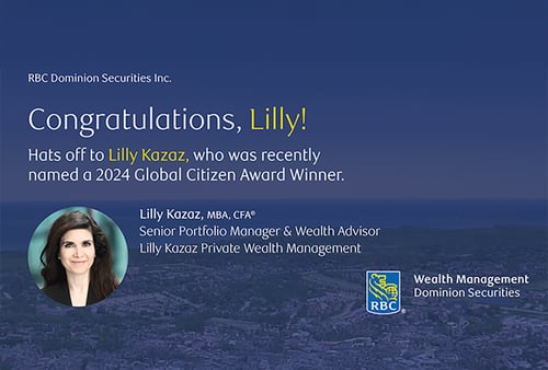 Congratulations message to Lilly Kazaz for winning the 2024 Global Citizen Award. Includes her photo and RBC Dominion Securities logo on a blue background.