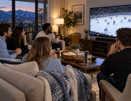 Five friends watch a hockey game in a Salt Lake City living room, wearing light blue, black, and white, with mountains visible at dusk.