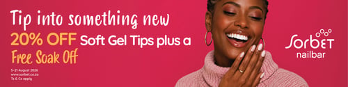 Promotional Sorbet Nailbar advertisement featuring a smiling woman with braided hair, hoop earrings, and a pink knit sweater, showing off a fresh soft gel manicure.