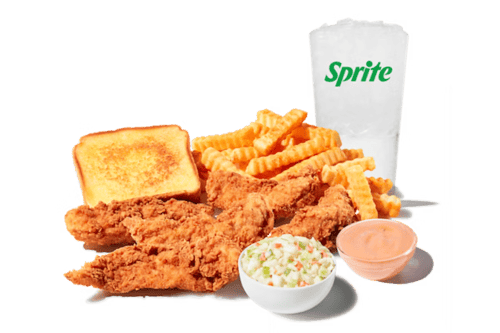 Chicken Finger Plate Meal with 5 chicken fingers, fries, toast, slaw, drink, and Zax Sauce®.