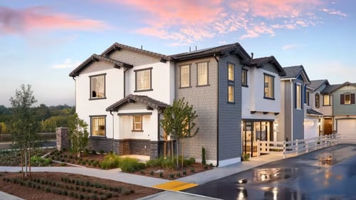 Street view of model homes in Iris at Wildflower Acres by Pulte Homes in Ontario, CA.