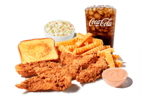 Chicken Finger Plate Meal with 5 chicken fingers, fries, toast, slaw, drink, and Zax Sauce®.