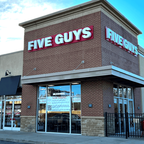Photo of the entrance to the Five Guys restaurant at 2515 Wilson Road in Highland Heights Kentucky.