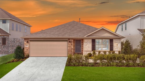 single-story new home with garage and landscaping