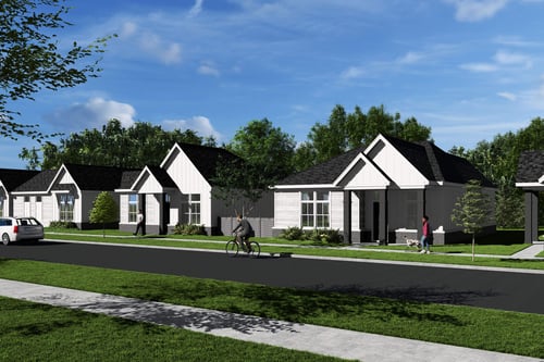 a rendering of a neighborhood with white houses and a person riding a bike