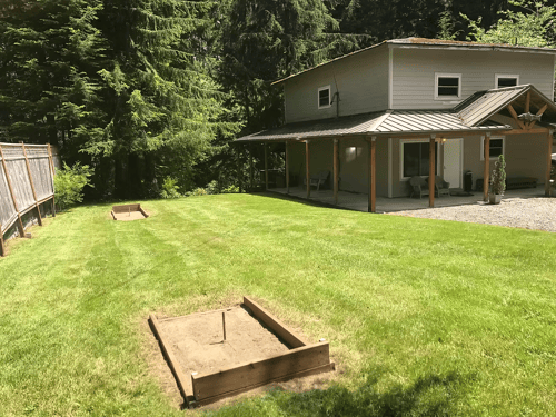 Lawn and horseshoe pits outside a quiet riverfront retreat in Forks, WA