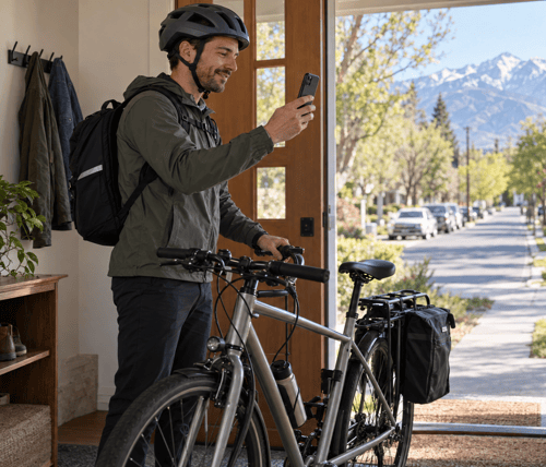 Man wearing a bike helmet and backpack takes a video call beside his bicycle, with a Salt Lake City neighborhood and snowcapped mountains beyond the open doorway.