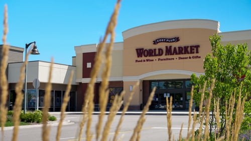 Grass in front of the entrance to World Market on a clear day