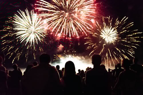 A crowd of people watching fireworks light up the night sky, celebrating the 4th of July with excitement.