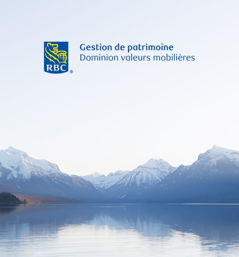 Bannière rbc Gestion de patrimoine Dominion valeurs mobilières avec paysage de lac de montagne
