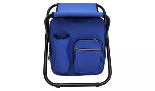 blue coolbag, camping chair and backpack all in one folded up