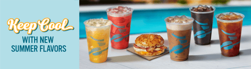 A summer-themed promotional banner featuring a lineup of cold beverages and a breakfast sandwich arranged on a white tabletop beside a swimming pool.
