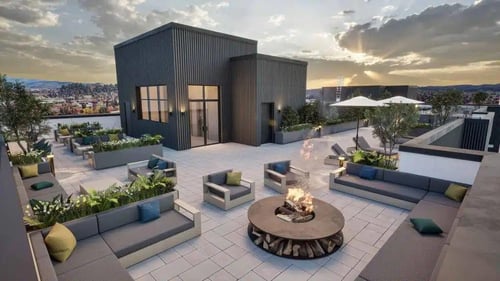 Rooftop lounge with fire pits.