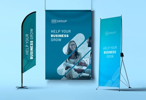 X-stand banner, feather flag and snap hanging banner designed and printed by Square Signs