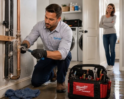bluefrog plumber repairing a leaking pipe during an emergency plumbing service call