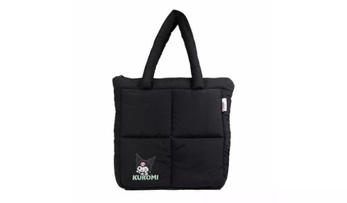 Black padded tote bag with kitten printed in left corner