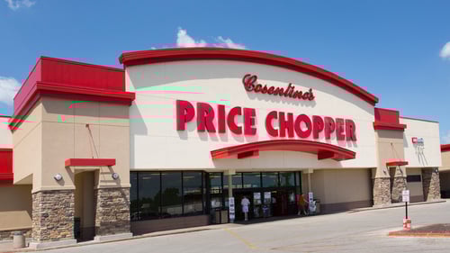 Front entrance of Price Chopper on a sunny day at Watts Mill Plaza shopping center