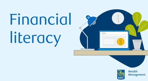 An illustration of a laptop, plant, and desk lamp beside the words "financial literacy".