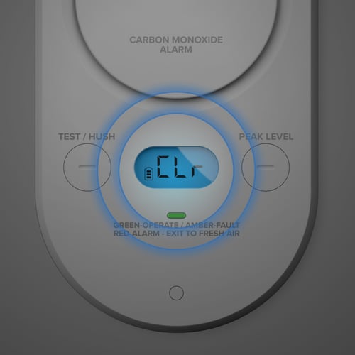 A CO alarm with the display lit and circles highlighting the screen.