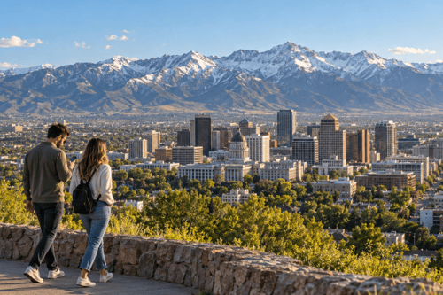 Couple walking at an overlook above downtown Salt Lake City, with snowcapped Wasatch Mountains in the background.