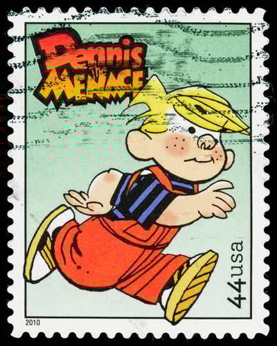This is a cartoon of the Dennis The Menace character running- it's a postage stamp