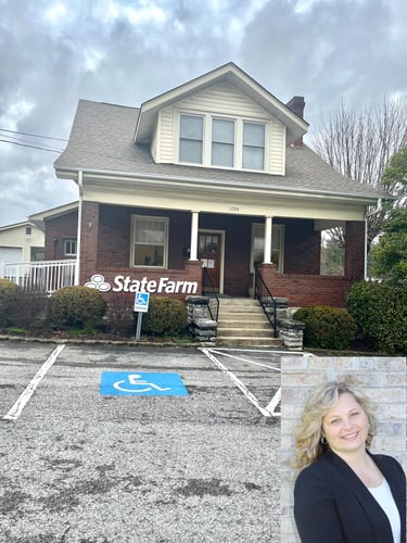 Brick and yellow building with white State Farm sign out front