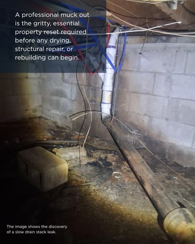 Dark crawlspace with exposed plumbing pipes showing a drain stack leak, featuring text defining a professional muck-out.
