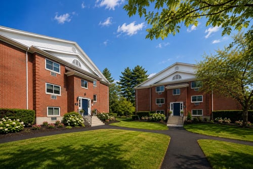Two red brick buildings with white trim and green lawns in front.