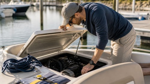 man checking a boat engine