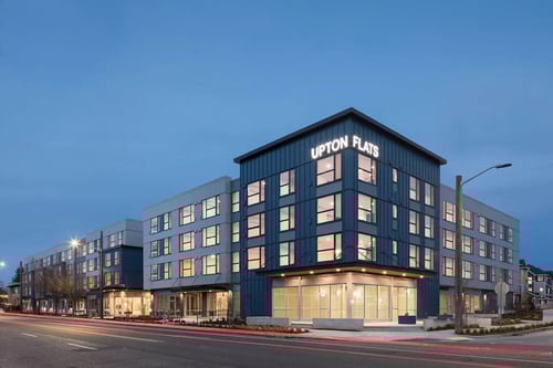 Building Exterior View In Night at Upton Flats, Seattle, WA, 98126