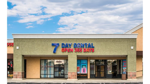 Exterior of the 7 Day Dental Euclid Street office in Anaheim with storefront signage